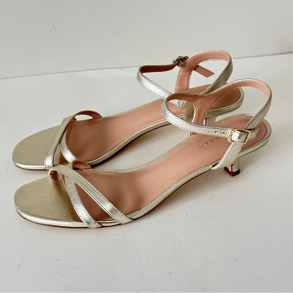 NEW Cole Haan Leni Soft Gold Leather Kitten Heel Strappy Women's Sandals, Sz 7.5